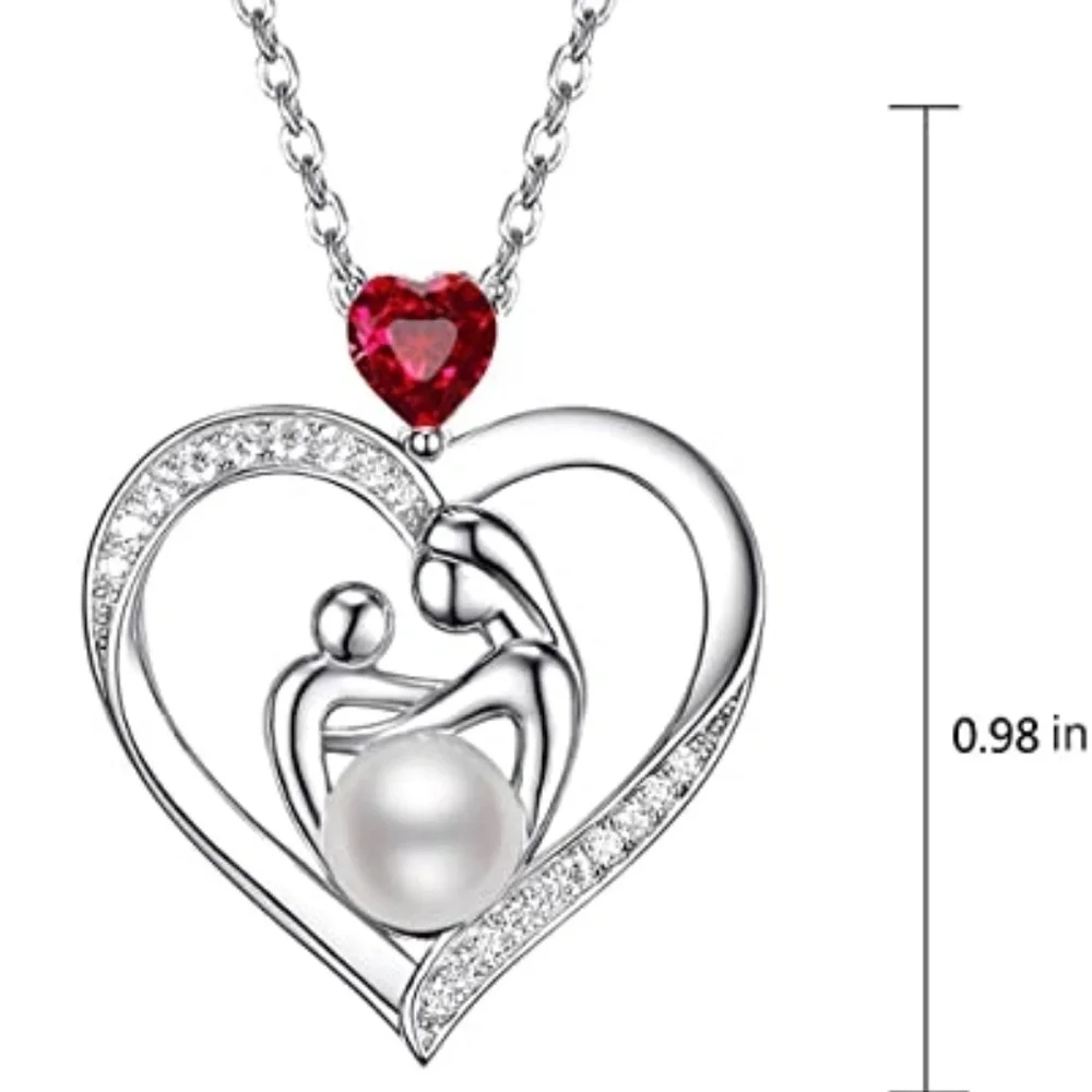 ALWAYS MY MOM Grandma Red Stone Pearl Heart Pendant Chain Necklace
